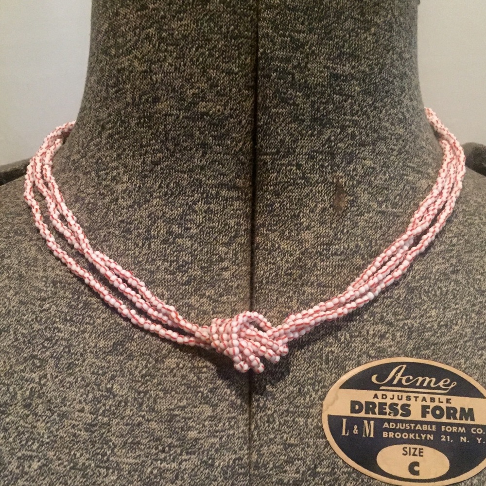 17” Vintage Striped Glass Bead Necklace Red White